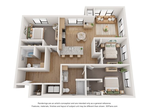Floor plan for 3 beds, 2 baths, 1307 sqft